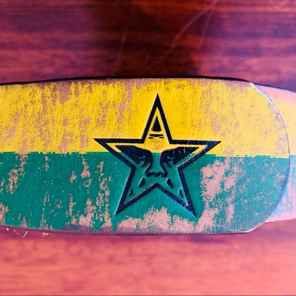 Obey Men’s Leather Belt, Distressed Yellow/Green Stripe, size 34 - Picture 2 of 5